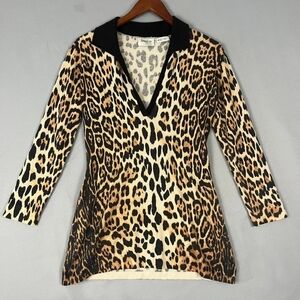 Neiman Marcus Leopard Print V-Neck Cashmere Sweater